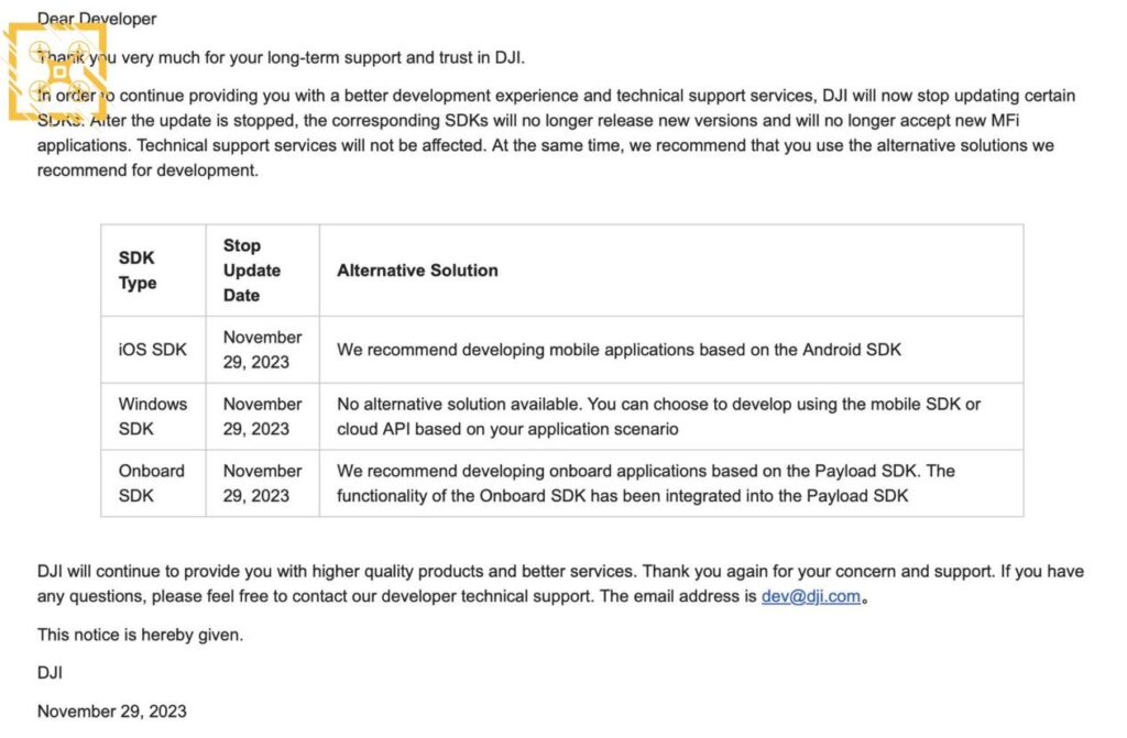 Письмо DJI о прекращении поддержки SDK для iOS
